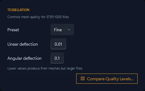 The Tessellation panel in 3D CAD Converter set to Fine: linear deflection 0.01, angular deflection 0.1