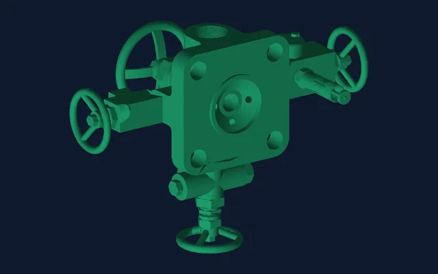 Valve manifold (STEP → STL), rendered from the converted file