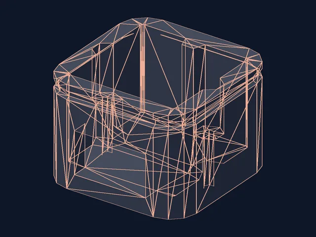The same housing as a wireframe of 420 flat triangles: the rounded corners are a few large facets