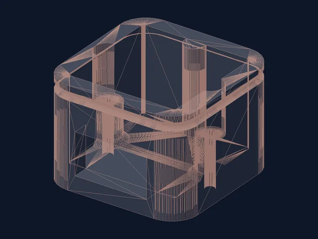 The same housing as a wireframe of 20,864 triangles: dense enough to read as a smooth surface