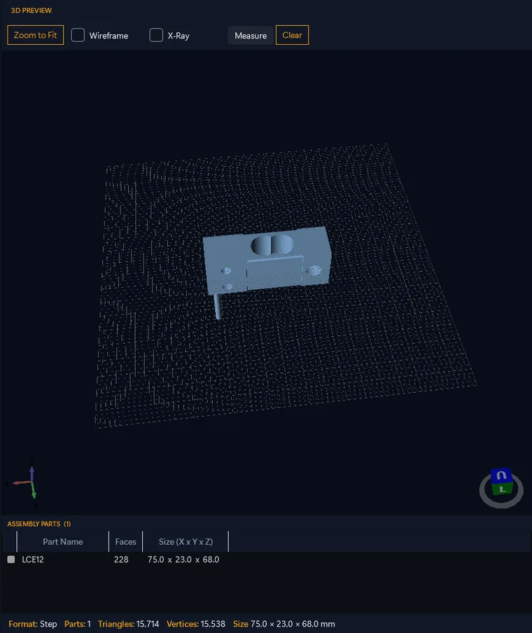 The 3D preview of 3D CAD Converter with a load cell STEP file open, showing the Wireframe, X-Ray and Measure controls, the parts list and the triangle count