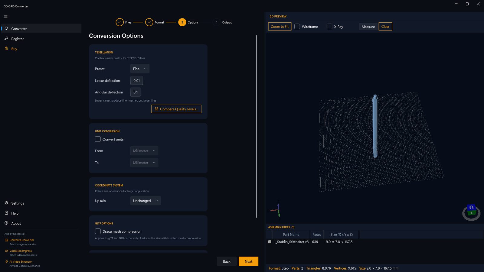 Step 3: tessellation and conversion options with Fine preset and deflection controls