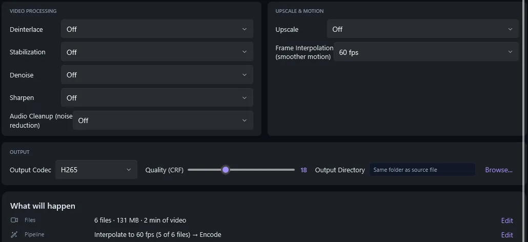 Configure step with Frame Interpolation set to 60 fps and the summary Interpolate to 60 fps (5 of 6 files)