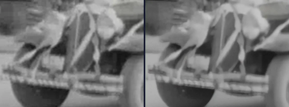 Frame from the 1938 Ivan Besse home movie: ordinary 4x enlargement on the left, AI Video Enhancer Studio with Denoise Strong, Upscale 4x and Sharpen Light on the right