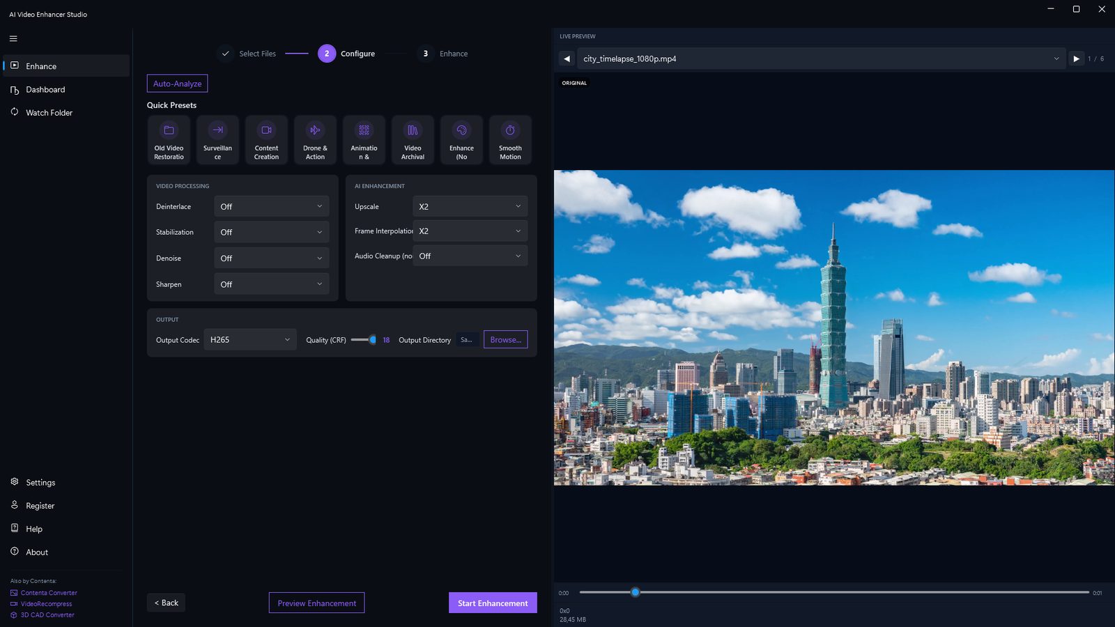 AI Video Enhancer Studio — Configure step with upscale, denoise, and frame interpolation settings