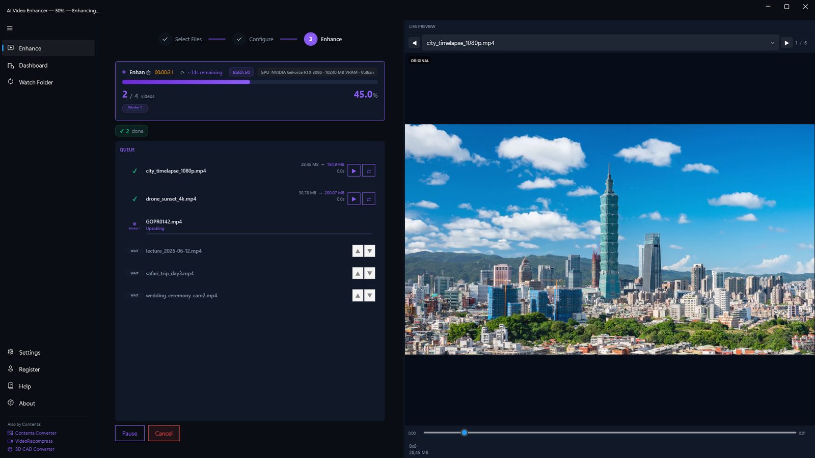 Batch enhancing 4 videos on an NVIDIA GeForce RTX 3080 GPU with live preview