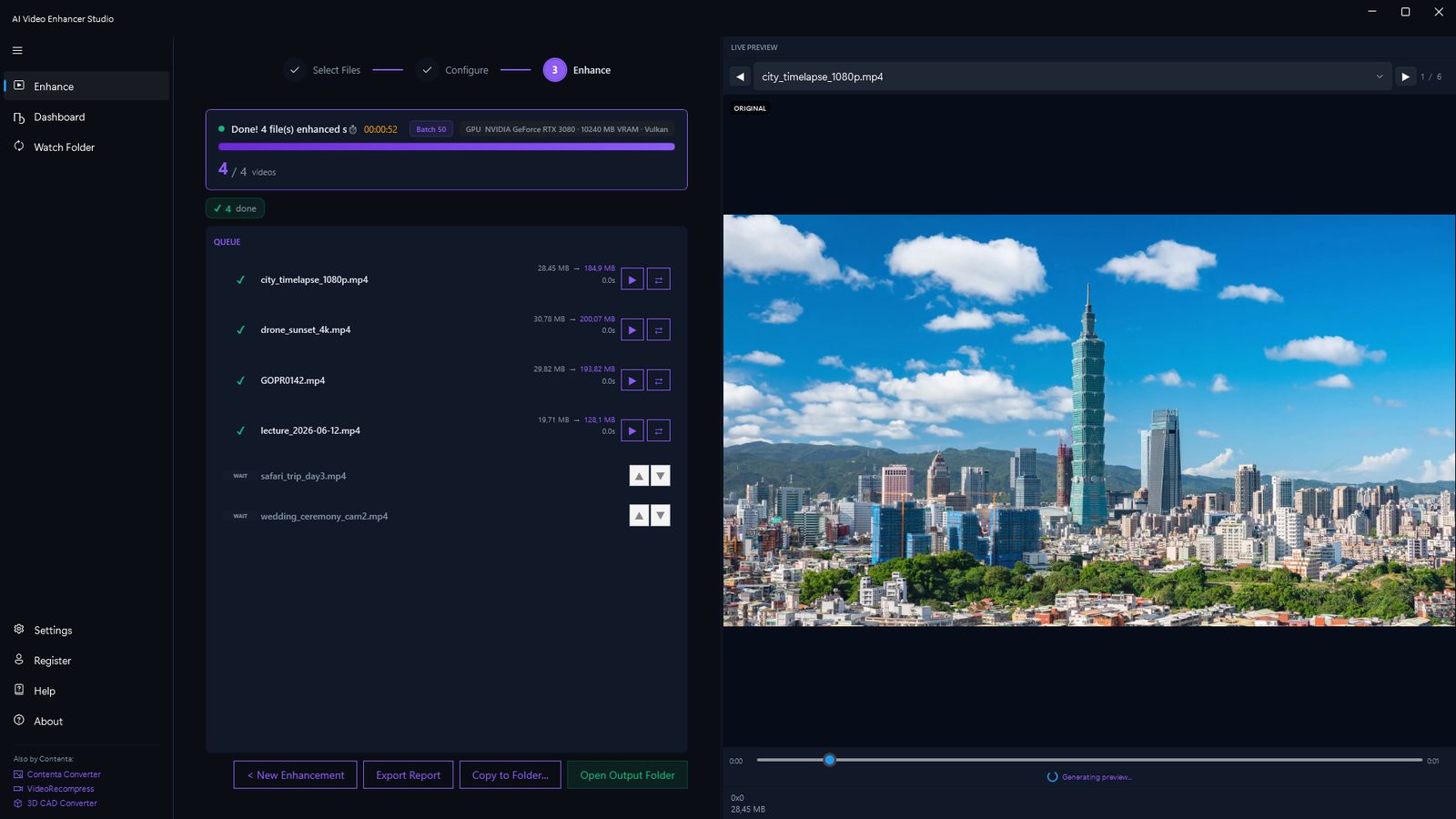 Batch enhancement complete — 4 of 4 videos processed with file size comparison