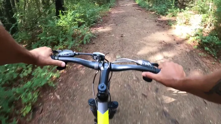 Frame from a 1280×720 mountain-bike POV clip: handlebars over a forest trail