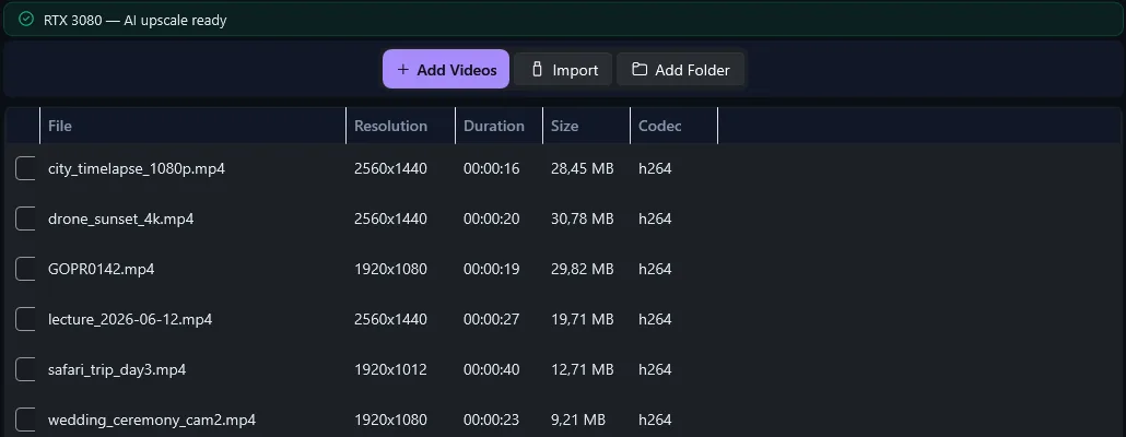 Select Files step in AI Video Enhancer Studio with six videos listed and the badge RTX 3080, AI upscale ready