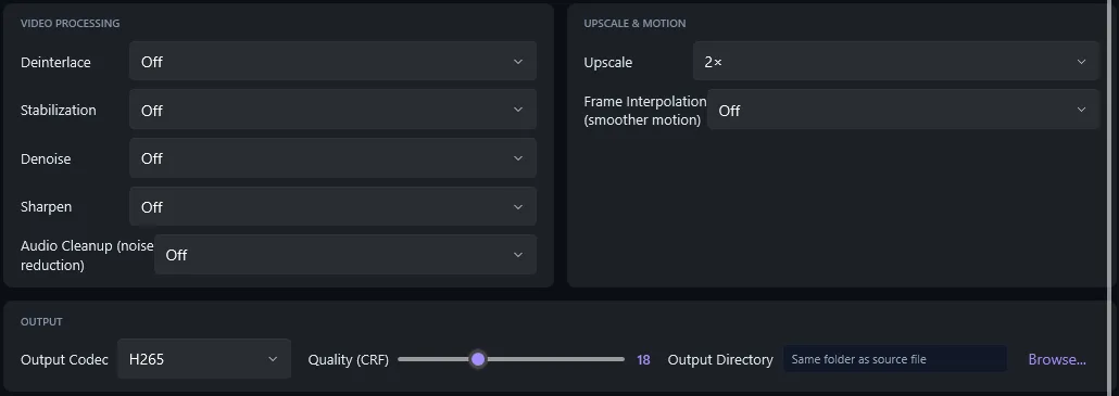 Configure step with Upscale set to 2× and Output Codec H.265